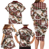 Cowboy Hawaii Mele Kalikimaka Family Matching Long Sleeve Bodycon Dress and Hawaiian Shirt Paniolo Kukui Nut Pikake Lei Burgundy Version - Polynesian Pride
