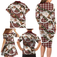 Cowboy Hawaii Mele Kalikimaka Family Matching Long Sleeve Bodycon Dress and Hawaiian Shirt Paniolo Kukui Nut Pikake Lei Burgundy Version - Polynesian Pride