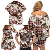 Cowboy Hawaii Mele Kalikimaka Family Matching Off Shoulder Short Dress and Hawaiian Shirt Paniolo Kukui Nut Pikake Lei Burgundy Version - Polynesian Pride