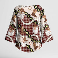 Cowboy Hawaii Mele Kalikimaka Kimono Sleeve Blouse Paniolo Kukui Nut Pikake Lei Burgundy Version LT14 - Polynesian Pride