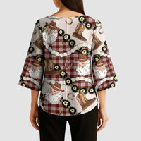 Cowboy Hawaii Mele Kalikimaka Kimono Sleeve Blouse Paniolo Kukui Nut Pikake Lei Burgundy Version LT14 - Polynesian Pride