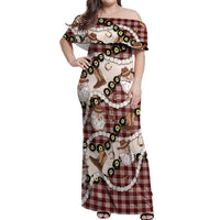 Cowboy Hawaii Mele Kalikimaka Off Shoulder Maxi Dress Paniolo Kukui Nut Pikake Lei Burgundy Version - Polynesian Pride