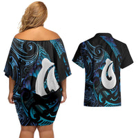 Hei Matau New Zealand Matariki Couples Matching Off Shoulder Short Dress and Hawaiian Shirt NZ Fish Hook Maori Art