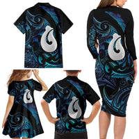 Hei Matau New Zealand Matariki Family Matching Long Sleeve Bodycon Dress and Hawaiian Shirt NZ Fish Hook Maori Art