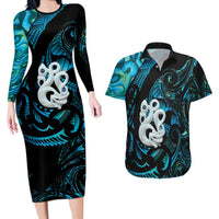 Manaia New Zealand Matariki Couples Matching Long Sleeve Bodycon Dress and Hawaiian Shirt NZ Paua Shell Maori Art