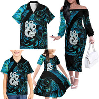 Manaia New Zealand Matariki Family Matching Off The Shoulder Long Sleeve Dress and Hawaiian Shirt NZ Paua Shell Maori Art