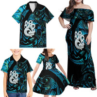 Manaia New Zealand Matariki Family Matching Off Shoulder Maxi Dress and Hawaiian Shirt NZ Paua Shell Maori Art