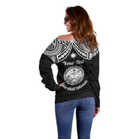 Personalised Marshall Islands Off Shoulder Sweater Black Polynesian Tribal Mix Coat Of Arms LT14 - Polynesian Pride