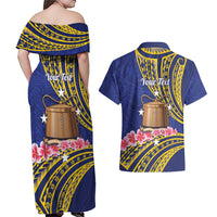 Personalised Tokelau Tokehega Day Couples Matching Off Shoulder Maxi Dress and Hawaiian Shirt Tokelauan Tatau Flag Color - Polynesian Pride