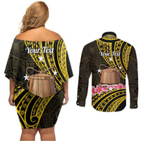 Personalised Tokelau Tokehega Day Couples Matching Off Shoulder Short Dress and Long Sleeve Button Shirt Tokelauan Tatau Black Color - Polynesian Pride