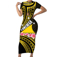 Personalised Tokelau Tokehega Day Short Sleeve Bodycon Dress Tokelauan Tatau Black Color - Polynesian Pride