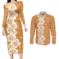 Personalised Tufi Tapa and Tattoo Festival Couples Matching Long Sleeve Bodycon Dress and Long Sleeve Button Shirt Oro Tapa Cloth With Plumeria - Polynesian Pride