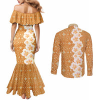 Personalised Tufi Tapa and Tattoo Festival Couples Matching Mermaid Dress and Long Sleeve Button Shirt Oro Tapa Cloth With Plumeria - Polynesian Pride