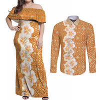Personalised Tufi Tapa and Tattoo Festival Couples Matching Off Shoulder Maxi Dress and Long Sleeve Button Shirt Oro Tapa Cloth With Plumeria - Polynesian Pride