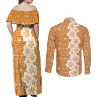 Personalised Tufi Tapa and Tattoo Festival Couples Matching Off Shoulder Maxi Dress and Long Sleeve Button Shirt Oro Tapa Cloth With Plumeria - Polynesian Pride
