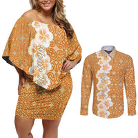 Personalised Tufi Tapa and Tattoo Festival Couples Matching Off Shoulder Short Dress and Long Sleeve Button Shirt Oro Tapa Cloth With Plumeria - Polynesian Pride