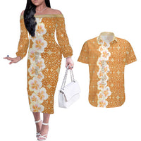 Personalised Tufi Tapa and Tattoo Festival Couples Matching Off The Shoulder Long Sleeve Dress and Hawaiian Shirt Oro Tapa Cloth With Plumeria - Polynesian Pride