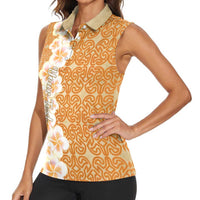 Personalised Tufi Tapa and Tattoo Festival Women Sleeveless Polo Shirt Oro Tapa Cloth With Plumeria - Polynesian Pride