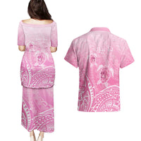 Personalised Polynesia Breast Cancer Awareness Couples Matching Puletasi and Hawaiian Shirt No One Fights Alone Turtle Ribbon - Pink Version LT14 - Polynesian Pride