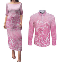 Personalised Polynesia Breast Cancer Awareness Couples Matching Puletasi and Long Sleeve Button Shirt No One Fights Alone Turtle Ribbon - Pink Version LT14 Pink - Polynesian Pride
