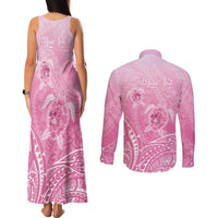Personalised Polynesia Breast Cancer Awareness Couples Matching Tank Maxi Dress and Long Sleeve Button Shirt No One Fights Alone Turtle Ribbon - Pink Version LT14 - Polynesian Pride