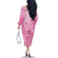 Personalised Polynesia Breast Cancer Awareness Family Matching Off The Shoulder Long Sleeve Dress and Hawaiian Shirt No One Fights Alone Turtle Ribbon - Pink Version