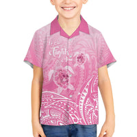 Personalised Polynesia Breast Cancer Awareness Family Matching Puletasi and Hawaiian Shirt No One Fights Alone Turtle Ribbon - Pink Version LT14 Son's Shirt Pink - Polynesian Pride