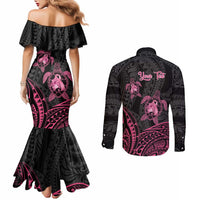 Personalised Polynesia Breast Cancer Awareness Couples Matching Mermaid Dress and Long Sleeve Button Shirt No One Fights Alone Turtle Ribbon - Black Version LT14 - Polynesian Pride