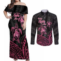 Personalised Polynesia Breast Cancer Awareness Couples Matching Off Shoulder Maxi Dress and Long Sleeve Button Shirt No One Fights Alone Turtle Ribbon - Black Version LT14 Black - Polynesian Pride