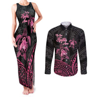 Personalised Polynesia Breast Cancer Awareness Couples Matching Tank Maxi Dress and Long Sleeve Button Shirt No One Fights Alone Turtle Ribbon - Black Version LT14 Black - Polynesian Pride