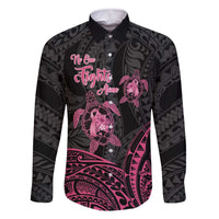 Personalised Polynesia Breast Cancer Awareness Family Matching Off The Shoulder Long Sleeve Dress and Hawaiian Shirt No One Fights Alone Turtle Ribbon - Black Version