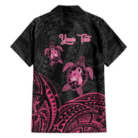 Personalised Polynesia Breast Cancer Awareness Family Matching Off Shoulder Short Dress and Hawaiian Shirt No One Fights Alone Turtle Ribbon - Black Version