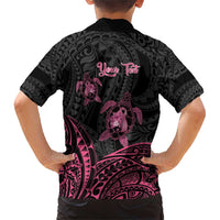 Personalised Polynesia Breast Cancer Awareness Family Matching Short Sleeve Bodycon Dress and Hawaiian Shirt No One Fights Alone Turtle Ribbon - Black Version LT14 - Polynesian Pride