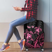 Personalised Polynesia Breast Cancer Awareness Luggage Cover No One Fights Alone Turtle Ribbon - Black Version LT14 - Polynesian Pride