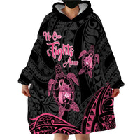Personalised Polynesia Breast Cancer Awareness Wearable Blanket Hoodie No One Fights Alone Turtle Ribbon - Black Version LT14 - Polynesian Pride