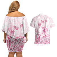 Personalised Polynesia Breast Cancer Awareness Couples Matching Off Shoulder Short Dress and Hawaiian Shirt No One Fights Alone Turtle Ribbon - White Version LT14 - Polynesian Pride