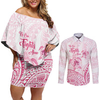Personalised Polynesia Breast Cancer Awareness Couples Matching Off Shoulder Short Dress and Long Sleeve Button Shirt No One Fights Alone Turtle Ribbon - White Version LT14 White - Polynesian Pride