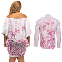 Personalised Polynesia Breast Cancer Awareness Couples Matching Off Shoulder Short Dress and Long Sleeve Button Shirt No One Fights Alone Turtle Ribbon - White Version LT14 - Polynesian Pride