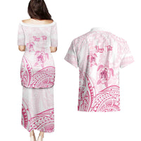 Personalised Polynesia Breast Cancer Awareness Couples Matching Puletasi and Hawaiian Shirt No One Fights Alone Turtle Ribbon - White Version LT14 - Polynesian Pride