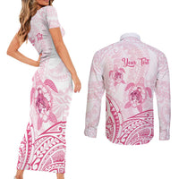 Personalised Polynesia Breast Cancer Awareness Couples Matching Short Sleeve Bodycon Dress and Long Sleeve Button Shirt No One Fights Alone Turtle Ribbon - White Version LT14 - Polynesian Pride