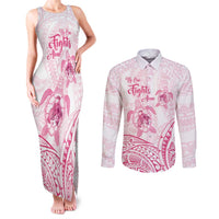Personalised Polynesia Breast Cancer Awareness Couples Matching Tank Maxi Dress and Long Sleeve Button Shirt No One Fights Alone Turtle Ribbon - White Version LT14 White - Polynesian Pride