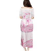 Personalised Polynesia Breast Cancer Awareness Family Matching Puletasi and Hawaiian Shirt No One Fights Alone Turtle Ribbon - White Version