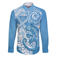 Personalised New Zealand Autism Awareness Family Matching Off Shoulder Short Dress and Hawaiian Shirt NZ Fern With Maori Koru Lizard LT14 Dad's Shirt - Long Sleeve Blue - Polynesian Pride
