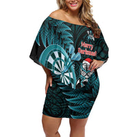 Personalised New Zealand Darts Christmas Off Shoulder Short Dress Maori Fern Merry Dartsmas - Polynesian Pride