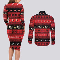 New Zealand Darts Christmas Couples Matching Long Sleeve Bodycon Dress and Long Sleeve Button Shirt Merry Xmas Aotearoa Maori Red - Polynesian Pride