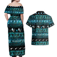 New Zealand Darts Christmas Couples Matching Off Shoulder Maxi Dress and Hawaiian Shirt Merry Xmas Aotearoa Maori Paua Shell - Polynesian Pride