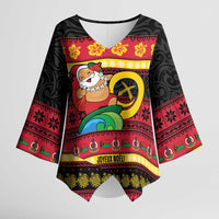 Vanuatu Christmas Kimono Sleeve Blouse Joyeux Noel Surfing Santa With Boar Tusk LT14 Female Red - Polynesian Pride