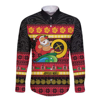 Vanuatu Christmas Long Sleeve Button Shirt Joyeux Noel Surfing Santa With Boar Tusk LT14 Unisex Red - Polynesian Pride