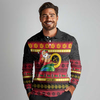 Vanuatu Christmas Long Sleeve Polo Shirt Joyeux Noel Surfing Santa With Boar Tusk - Polynesian Pride