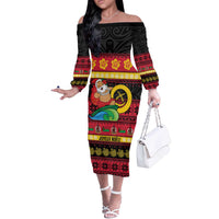 Vanuatu Christmas Off The Shoulder Long Sleeve Dress Joyeux Noel Surfing Santa With Boar Tusk - Polynesian Pride